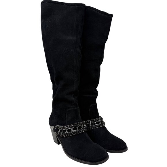 B. Makowsky Womens Black Suede Knee High Western Boots Chain Detail Goth 9M *** - Picture 2 of 9